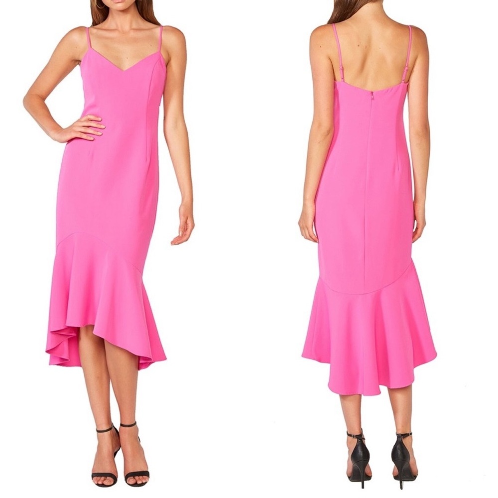NWOT Bardot Lisandra Pink Shock Midi Dress Sz 6 Flare Hem Revolve Style